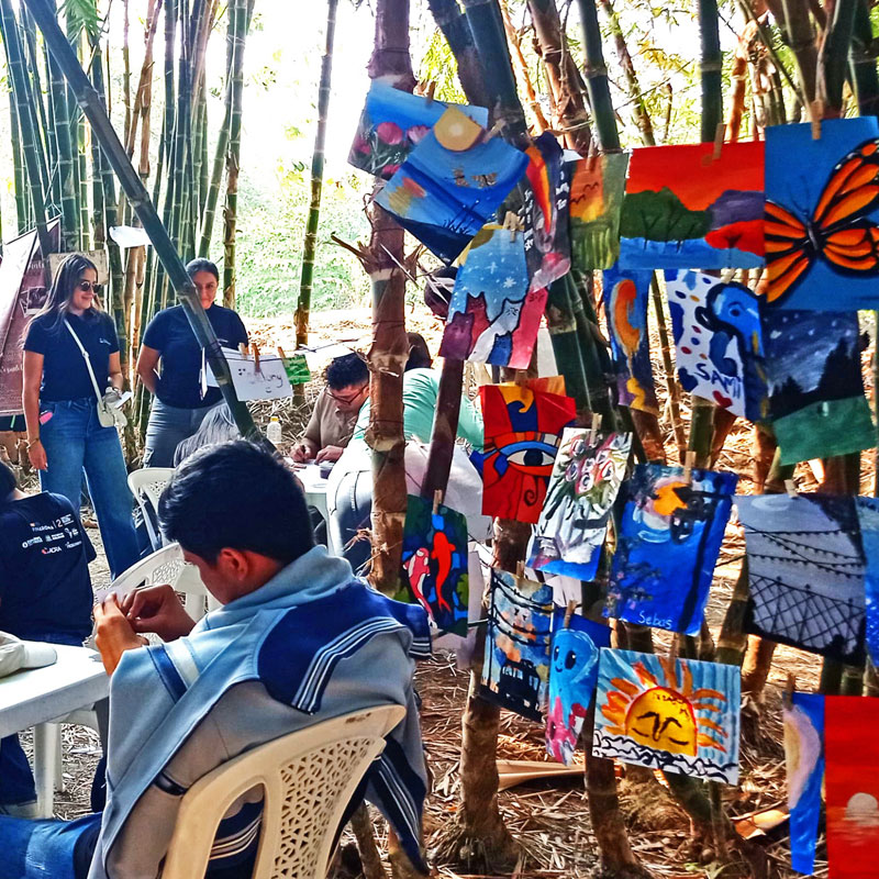 Taller de pintura Finaroma Coloresvida — Fundación Visión Raíces Jóvenes pintan al aire libre en un taller artístico rodeado de bambú, con obras terminadas colgadas como galería improvisada, proyecto Finaroma Coloresvida de la Fundación Visión Raíces